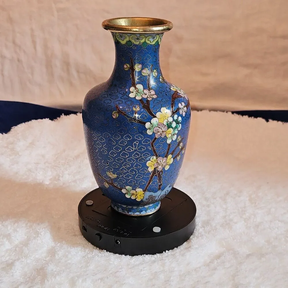 Vintage Chinese Cloisonne Enamel Floral Cherry Blossom Brass Vase Cobalt Blue